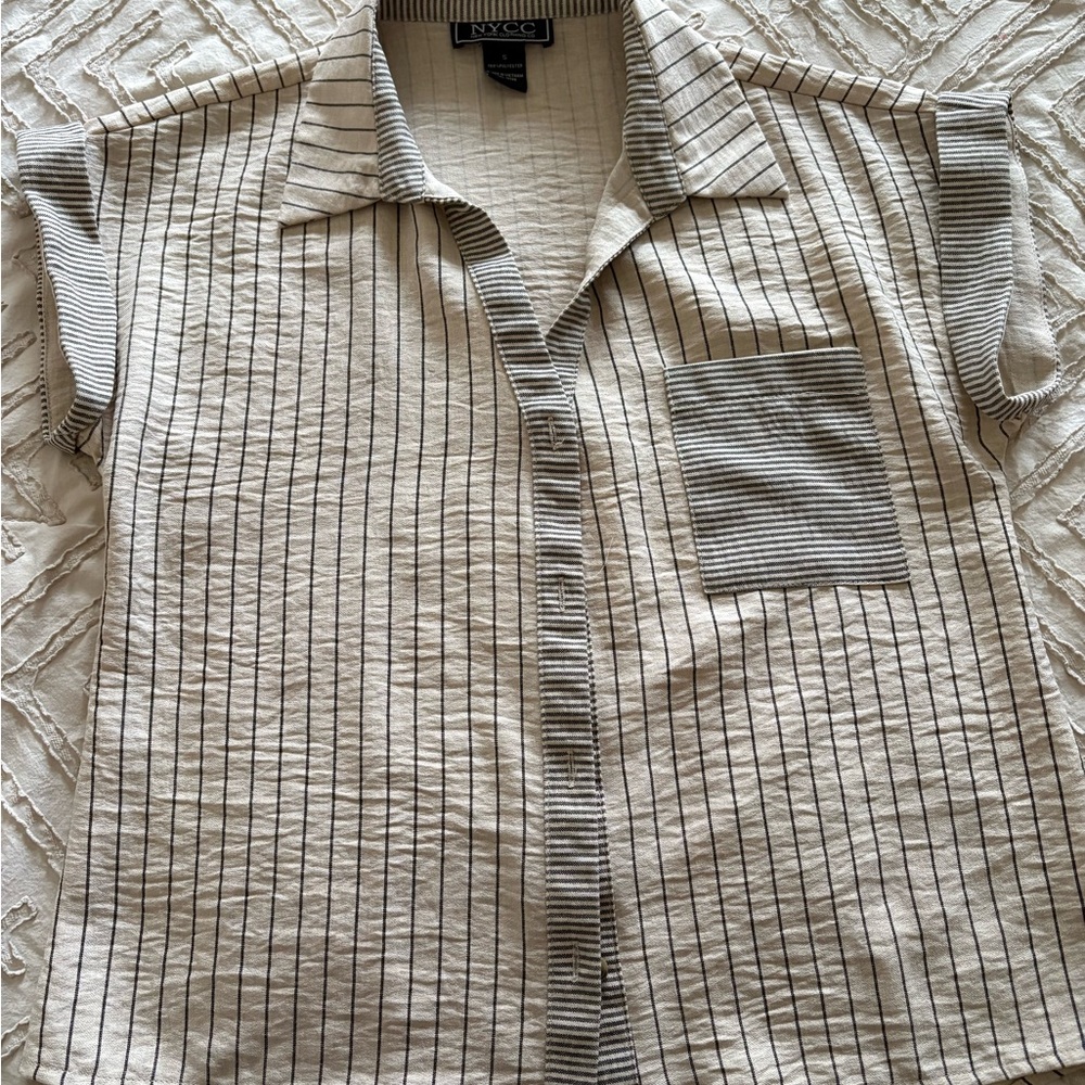 New York & Company Striped Beige and Charcoal Shirt